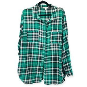 Derek Heart Women’s Black Green Checkered Plaid Tunic Button Up Flannel Top 3X